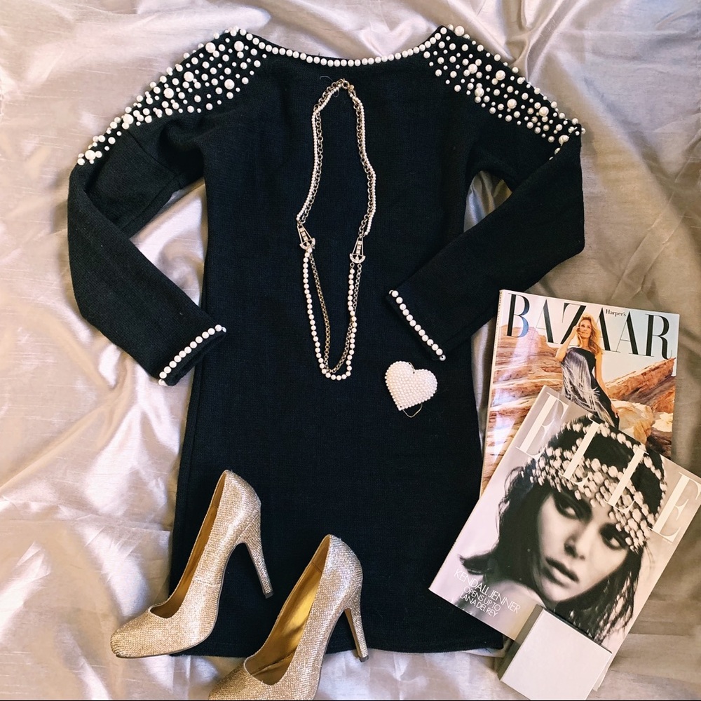 Black body on sweater dress with pearls